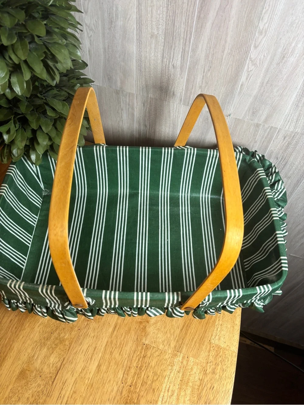 Vintage 1978 Longaberger Handwoven Basket with Original Green Striped Liner